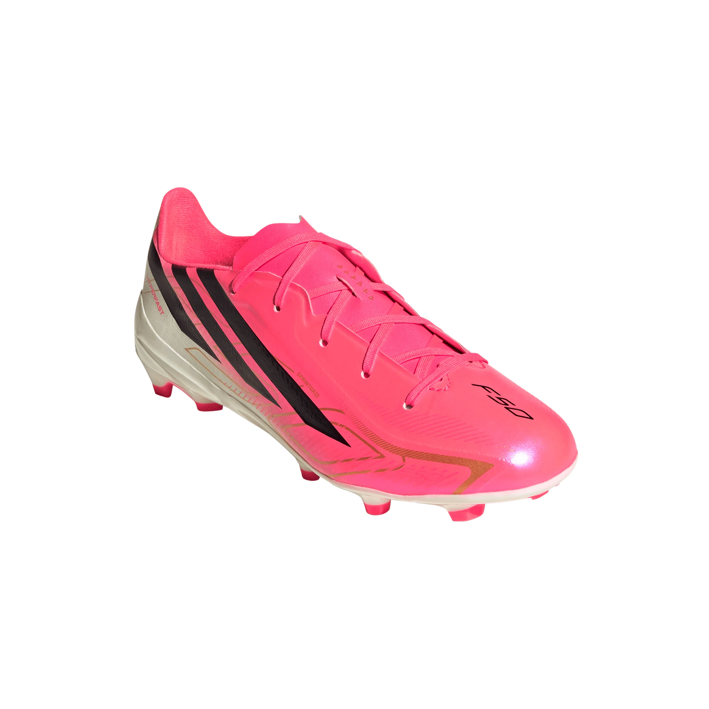 adidas F50 Hyperfast League Kids FG Firm Ground Soccer Cleats- Solar Turbo / Core Black / Gold Metallic - Image 4