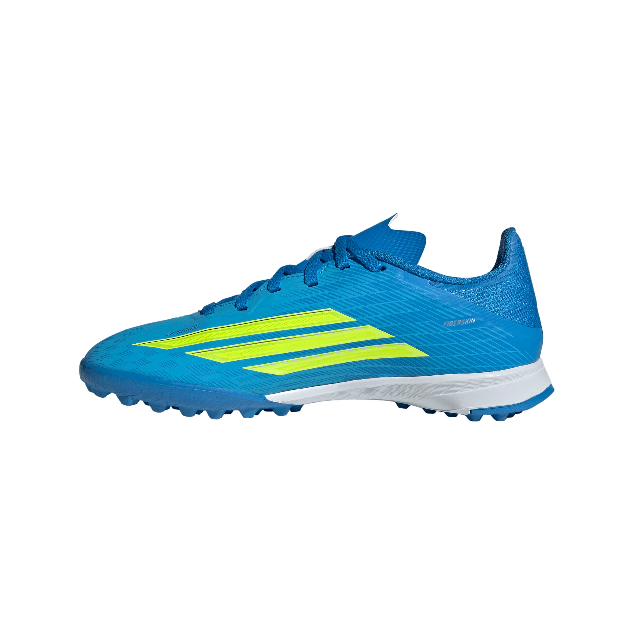 adidas F50 League Junior TF Turf Soccer Cleats- Lucid Ray Blue / Team Solar Yellow 2 / Lucid Aquamarine - Image 2