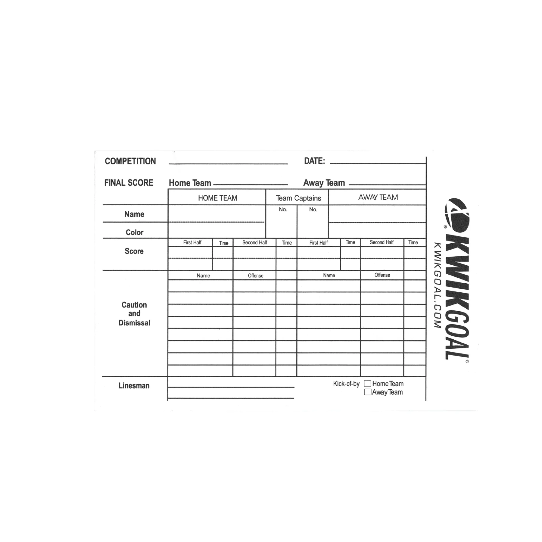 Kwik Goal Referee Score Sheet